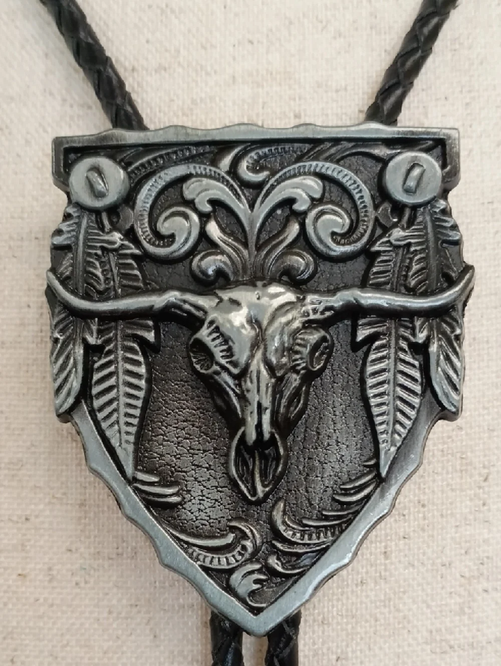 Western Bolo Tie Necklace Ornate Silver Shield Black Cord Vintage Style